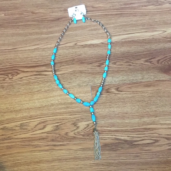 ❤️🔥NWT gold and teal necklace and earring set - Picture 1 of 4